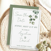 Moderne minimalistische grüne Eukaluptus-Hochzeit Save The Date