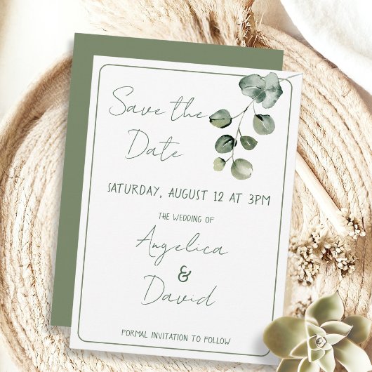 Moderne minimalistische grüne Eukaluptus-Hochzeit Save The Date
