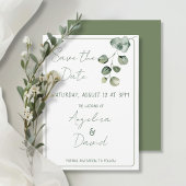 Moderne minimalistische grüne Eukaluptus-Hochzeit Save The Date