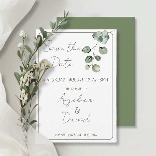 Moderne minimalistische grüne Eukaluptus-Hochzeit Save The Date