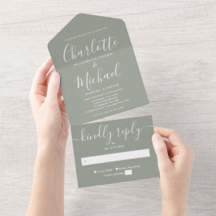 Moderne minimalistische grüne Hochzeit mit Schreib All In One Einladung
