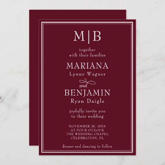 Moderne Minimalistische Hochzeit Boho Burgund Einladung (Vorne/Hinten)