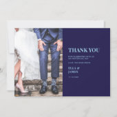 Moderne Minimalistische Hochzeit des Fotos Navy Bl Dankeskarte (Vorderseite)