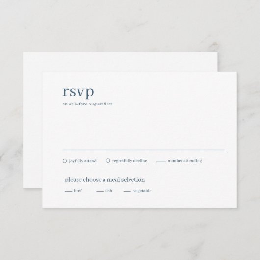 Moderne Minimalistische Hochzeit in Blau und Weiß RSVP Karte (Vorne/Hinten)