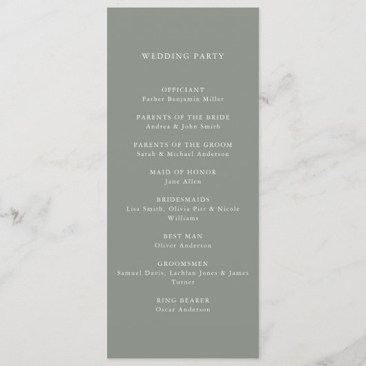 Moderne Minimalistische Hochzeit in Grün Programm (Rückseite)