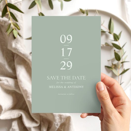 Moderne Minimalistische Hochzeit in Grün Save The Date