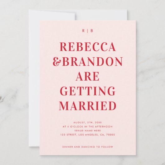 Moderne Minimalistische Hochzeit in Rosa und Rot Einladung (Vorderseite)