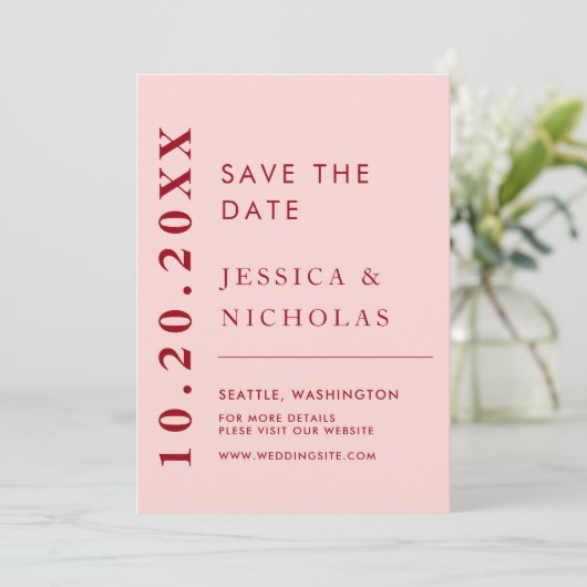 Moderne Minimalistische Hochzeit in Rosa und Rot Save The Date (Stehend Vorderseite)