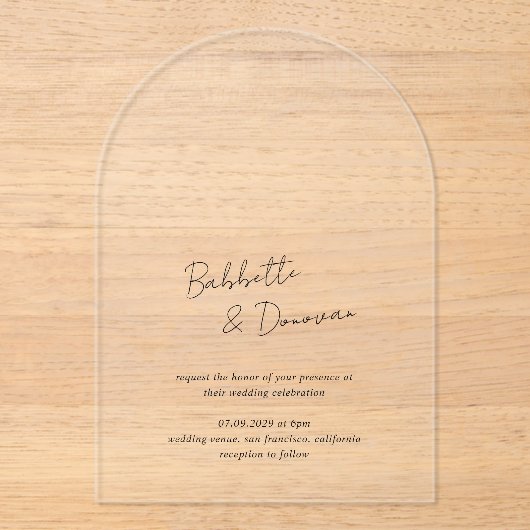 Moderne Minimalistische Hochzeit in Schwarz und We Acryleinladungen (Vorderseite)