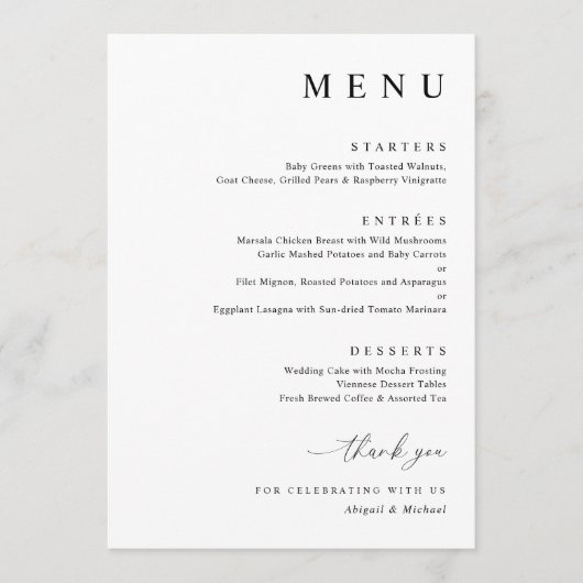 Moderne Minimalistische Hochzeit in Schwarz und We Menükarte (Vorderseite)
