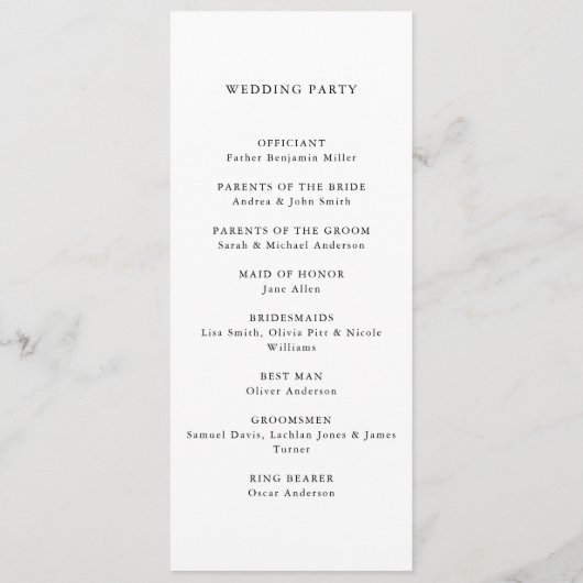 Moderne Minimalistische Hochzeit in Schwarz und We Programm (Rückseite)