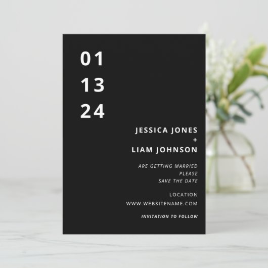 Moderne Minimalistische Hochzeit in Schwarz/Weiß Save The Date (Stehend Vorderseite)