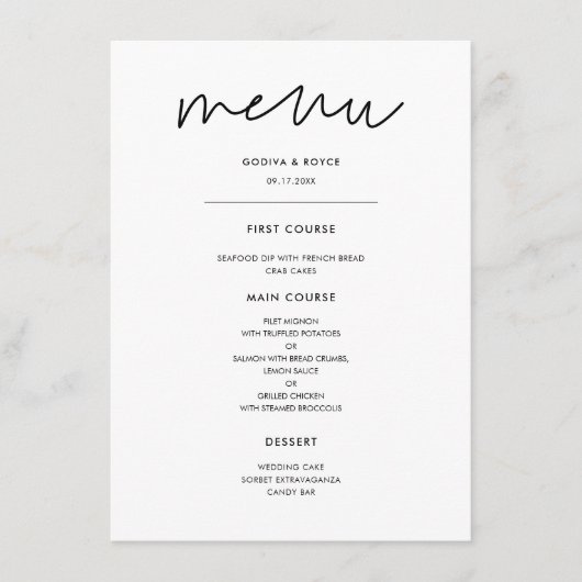 Moderne Minimalistische Hochzeit Menükarte (Vorderseite)