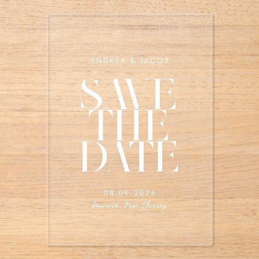 Moderne Minimalistische Hochzeit rettet das Datum Acryleinladungen (Vorderseite)