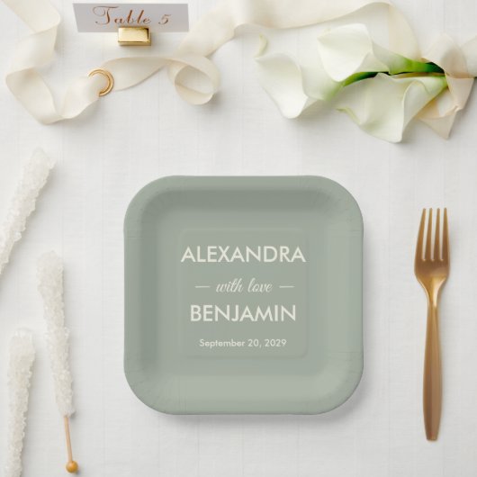 Moderne Minimalistische Hochzeit | Salbeigrün Zeit Pappteller (Hochzeit)