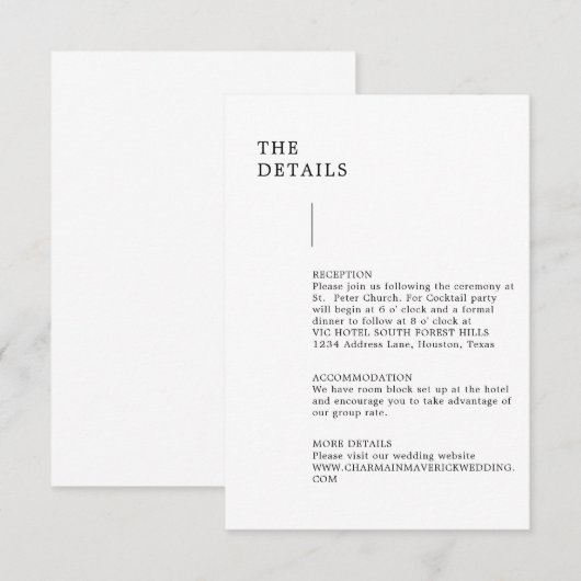 Moderne Minimalistische Hochzeitdetails Begleitkarte (Vorne/Hinten)