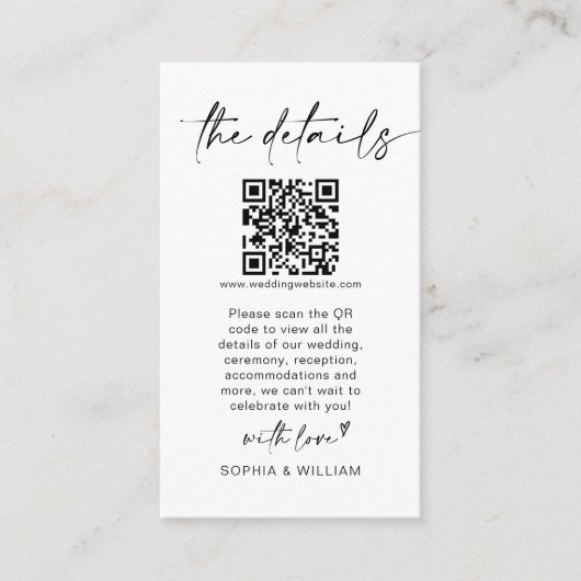 Moderne Minimalistische Hochzeitdetails QR Code Begleitkarte (Vorderseite)