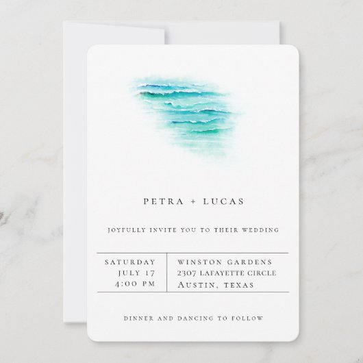 Moderne Minimalistische Hochzeitsfeier am Strand Ankündigung (Vorderseite)