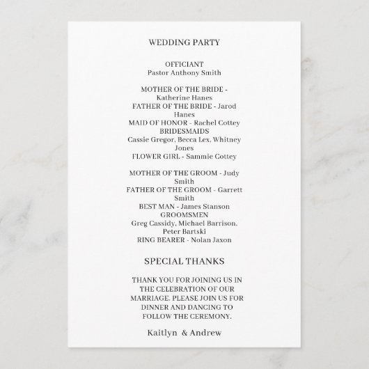 Moderne Minimalistische Hochzeitsfeier, handschrif Programm (Rückseite)