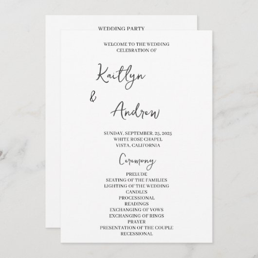 Moderne Minimalistische Hochzeitsfeier, handschrif Programm (Vorne/Hinten)