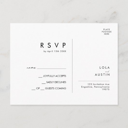 Moderne Minimalistische Hochzeitstichtour-RSVP-Pos Postkarte (Rückseite)
