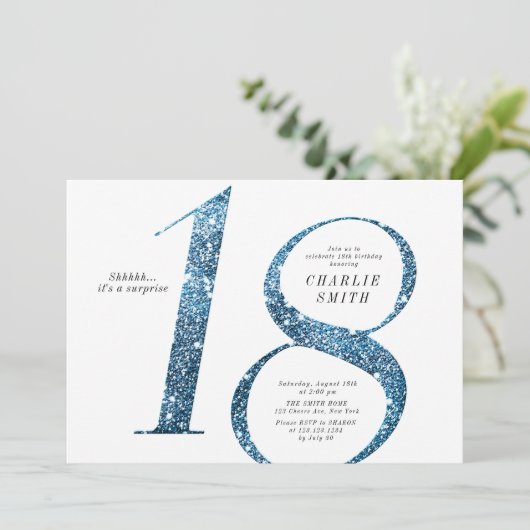 Moderne minimalistische Imitate Blau Glitzer 18. G Einladung (Stehend Vorderseite)