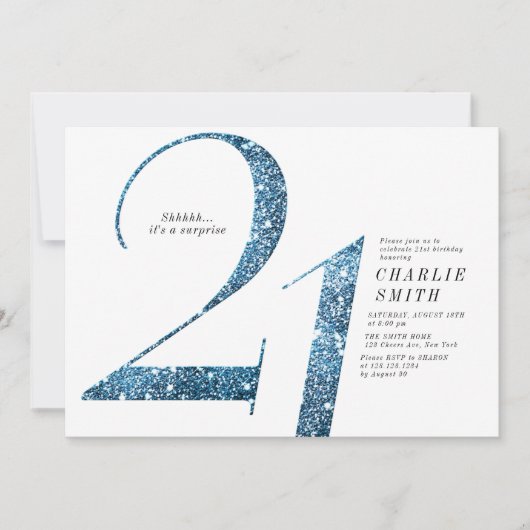 Moderne minimalistische Imitate Blau Glitzer 21. G Einladung (Vorderseite)