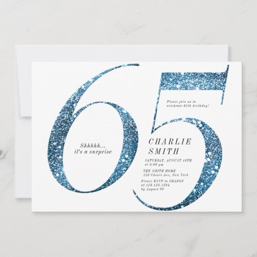 Moderne minimalistische Imitate Blau Glitzer 65. G Einladung (Vorderseite)
