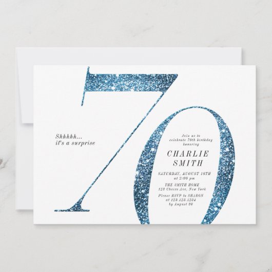 Moderne minimalistische Imitate Blau Glitzer 70. G Einladung (Vorderseite)