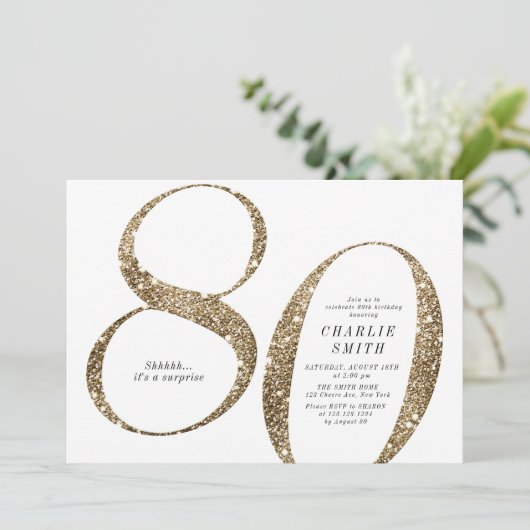 Moderne minimalistische Imitate Gold Glitzer 80. G Einladung (Stehend Vorderseite)