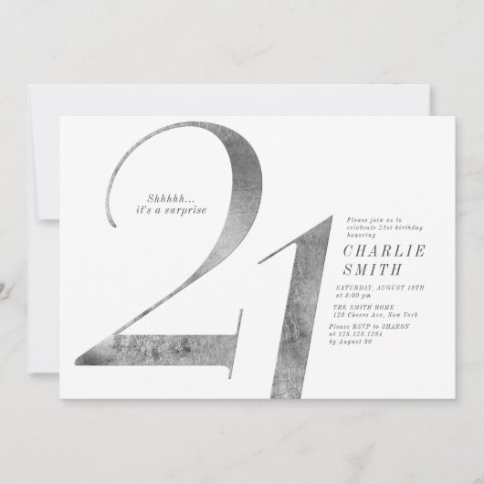 Moderne minimalistische Imitate Silber 21. Einladung (Vorderseite)