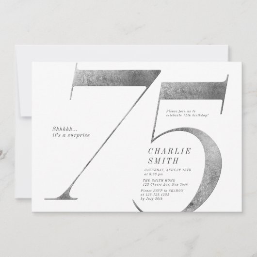 Moderne minimalistische Imitate Silber 75. Geburts Einladung (Vorderseite)