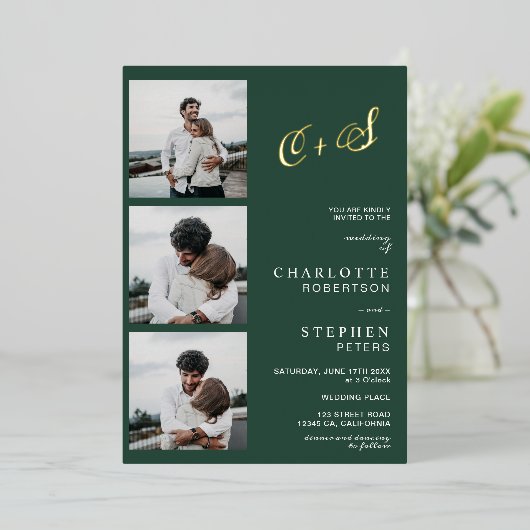 Moderne minimalistische Initialen Foto-grüne Goldf Folieneinladung (Stehend vorne)