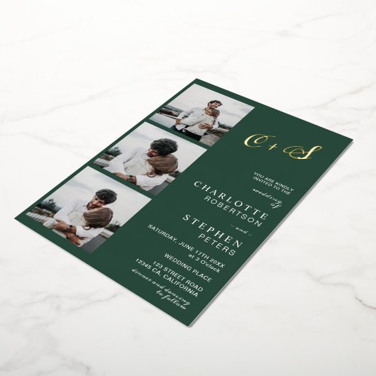 Moderne minimalistische Initialen Foto-grüne Goldf Folieneinladung (Gedreht)
