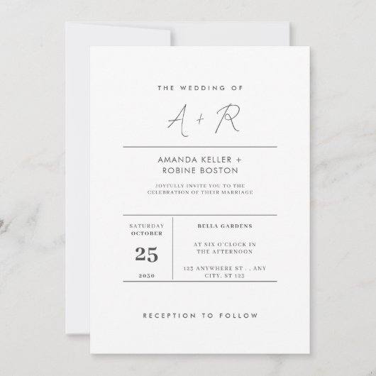 Moderne Minimalistische Initialen Hochzeit Einladung (Vorderseite)