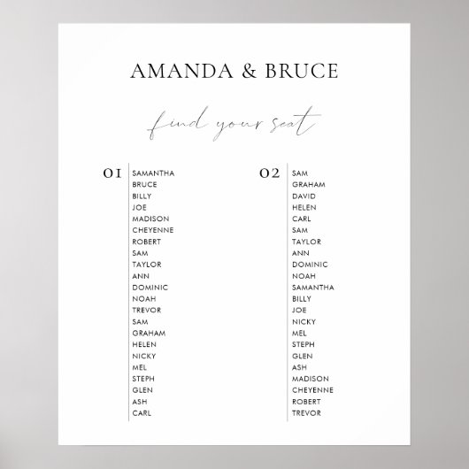 Moderne Minimalistische Kalligrafie Hochzeitssitze Poster (Vorne)