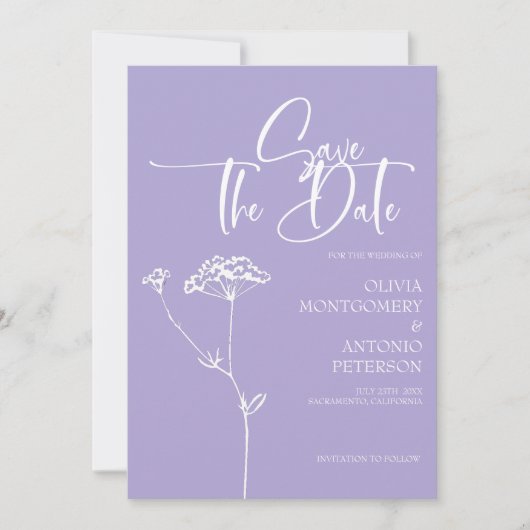 Moderne Minimalistische Kalligrafie Lavender Weddi Save The Date (Vorderseite)
