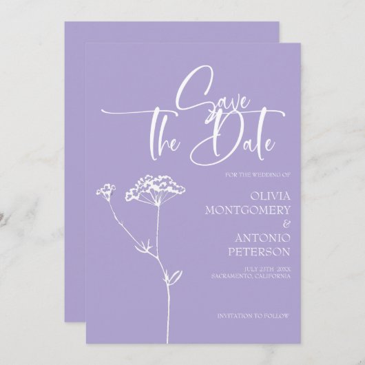 Moderne Minimalistische Kalligrafie Lavender Weddi Save The Date (Vorne/Hinten)