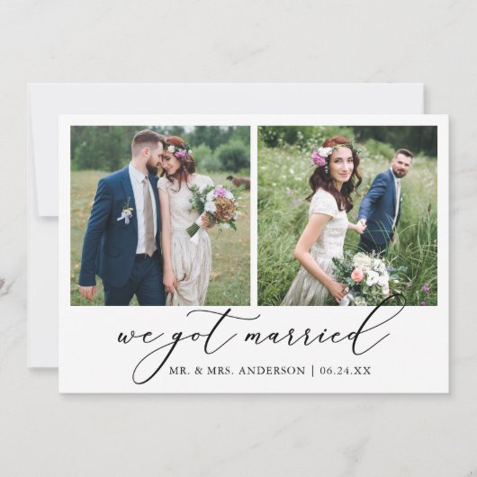 Moderne Minimalistische Kalligraphie 2 Fotos Hochz Ankündigung (Vorderseite)