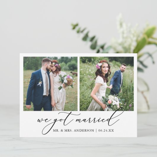 Moderne Minimalistische Kalligraphie 2 Fotos Hochz Ankündigung (Stehend Vorderseite)