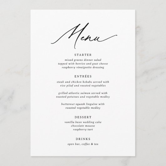 Moderne Minimalistische Kalligraphie 5 x 7 Hochzei Menükarte (Vorderseite)