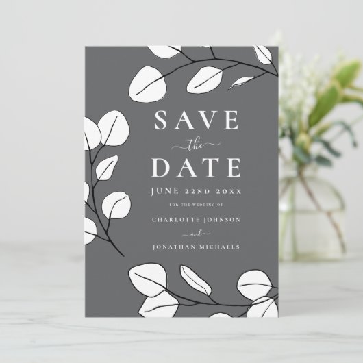 Moderne Minimalistische Leaf-Hochzeit Save The Date (Stehend Vorderseite)