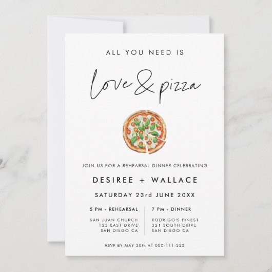 Moderne Minimalistische Liebe und Pizza Wedding Pr Einladung (Vorderseite)