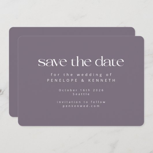 Moderne Minimalistische Lila Hochzeit Save The Date (Vorne/Hinten)