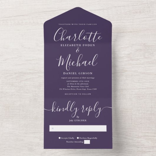 Moderne Minimalistische Lila Skripthochzeit All In One Einladung (Innen Boden)