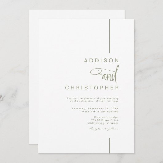 Moderne Minimalistische Line Script QR Code Hochze Einladung (Vorne/Hinten)