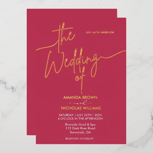 Moderne Minimalistische Magenta Red Wedding Folieneinladung (Vorderseite/Rückseite)