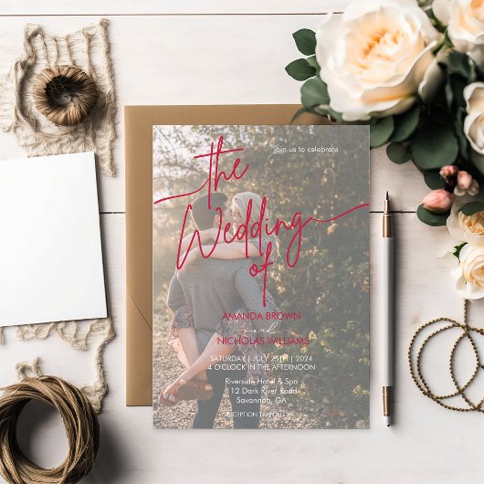 Moderne Minimalistische Magenta Rote Foto Hochzeit Einladung