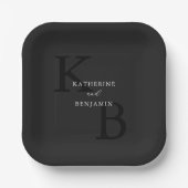 Moderne Minimalistische Matte Black Monogram Weddi Pappteller (Vorderseite)