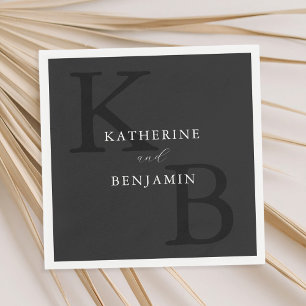 Moderne Minimalistische Matte Black Monogram Weddi Serviette